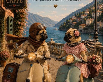 Romantic Pug Postcard, A Fateful Meeting Card, Vintage Scooter Dogs, Cute Couple Art, Travel Love Card, Dog Lover Gift