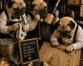 Pug Birthday Card, Funny Party Planning Dogs, Black and Gold Greeting Card, Cute Dog Lover Birthday Gift