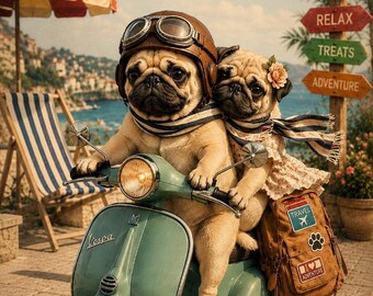 Bon Voyage Pug Couple Postcard, Cute Dogs on Scooter, Romantic Travel Card, Vintage Beach Holiday Art, Dog Lover Gift