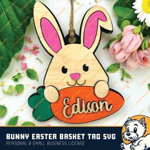 Bunny Easter Basket Tag SVG, Personalized Name, DIY Kids Craft, Score Lines for Easy Painting & Assembly, Laser Cut File, Easter Decor SVG
