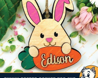 Bunny Easter Basket Tag SVG, Personalized Name, DIY Kids Craft, Score Lines for Easy Painting & Assembly, Laser Cut File, Easter Decor SVG