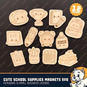 Puede incluir: Un conjunto de 12 imanes de madera con diseños de material escolar, que incluyen una paleta, un trofeo, un cuaderno, una mochila, un bloc de notas, un lápiz, un despertador, un frasco de pegamento, una carpeta, un portalápices, una calculadora y libros.