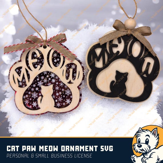 Cat Paw Meow Ornament SVG | Two Layer Laser Cut File | Acrylic or Wood Ornament Design | Glowforge Ready | Cat Ornament | Pet Memorial