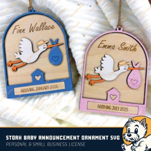 Ooievaar babyaankondiging ornament SVG – lasergesneden bestand voor pasgeboren cadeau of geboorte onthullen - ornament jongen of meisje - zwangerschapsaankondiging