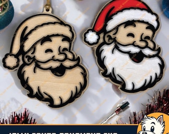 May include: Two wooden Christmas ornaments featuring a jolly Santa Claus face. The ornaments are cut out and ready to be painted or decorated.