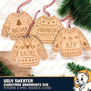 May include: Four wooden Christmas ornaments shaped like ugly sweaters. Each ornament is engraved with a name: Nathan, Brandon, Rachel, and Alex. The ornaments have red and white striped hanging strings and are decorated with snowflakes, trees, and other festive designs.