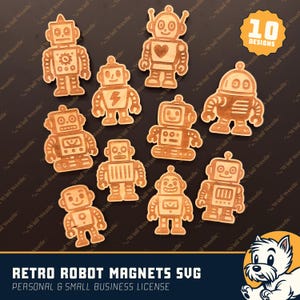 Może przedstawiać: Kolekcja dziesięciu drewnianych magnesów w kształcie robotów w różnych wzorach. Każdy robot jest misternie wyrzeźbiony ze szczegółami takimi jak anteny, serca i błyskawice. Tekst "Retro Robot Magnets SVG" jest wyświetlany na dole.