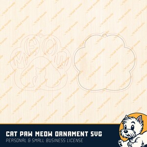 K&ouml;nnte beinhalten: Zwei lasergeschnittene Holzornamente. Eines ist eine Katzenpfotenform mit dem Wort "MEOW" und einer Katzen-Silhouette. Das andere ist eine Wolkenform. Der Text "CAT PAW MEOW ORNAMENT SVG" steht unten.