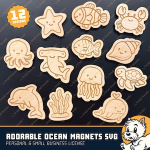 May include: A set of 12 wooden ocean-themed magnets featuring a starfish, fish, crab, octopus, hammerhead shark, seashell, jellyfish, turtle, dolphin, seaweed, and whale. Each magnet has engraved details and smiling faces. The text "ADORABLE OCEAN MAGNETS SVG" is displayed.