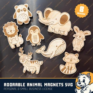 Pacote de ímãs de animais adoráveis SVG | 8 designs fofos para corte a laser e artesanato | Arquivo de corte a laser | Animais fofos de safári | Animais infantis