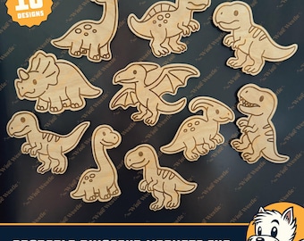 May include: Ten wooden dinosaur magnets in various designs are arranged on a dark background. The magnets include different dinosaur species, each with unique features. The text "ADORABLE DINOSAUR MAGNETS SVG" is displayed below the magnets.