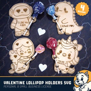 Klassenzimmer Valentinstag Lollipop Halter SVG Bundle | Roboter Meerjungfrau Dino Einhorn | 3 mm & 1/4 Holz | Dum Dum Tootsie Blow Pop | Laser-Cut-Datei