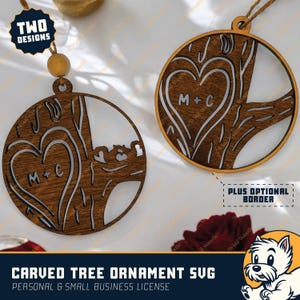 Carved Tree Ornament Laser Cut File SVG - 2 Designs + Optional Border | Cut File | Christmas Ornament | Squirrel Ornament | Valentine&#39;s Gift