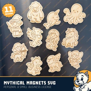 May include: A collection of eleven wooden magnets featuring various mythical creatures, including a wizard, yeti, narwhal, octopus, phoenix, mermaid, unicorn, centaur, dragon, pegasus, and fairy. The magnets are light brown and have a detailed engraved design.