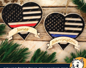 SVG de adorno para policía, bomberos y servicios de emergencia, corazón de línea fina, archivo láser para adorno conmemorativo, SVG para socorristas, adorno cortado con láser, archivo para Glowforge