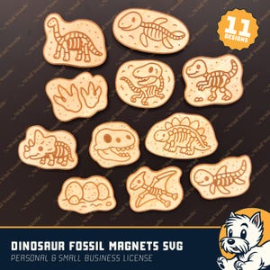Dinosaurier Fossil Magnet SVG Bundle | Set von 11 prähistorische Skelett-Designs | Laser Cut Dateien für Magnete, Glowforge Ready Gravur