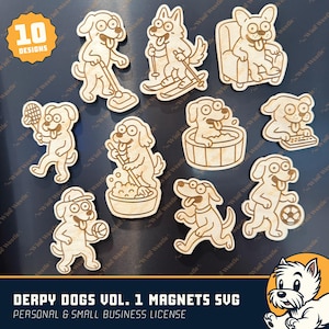 Derpy Dogs Vol. 1 lot d'aimants SVG | 10 modèles de chiens amusants faisant des activités humaines (fr) | Fichiers découpés au laser pour aimants animaux mignons | Aimants adorables