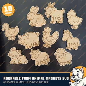 Ensemble de 10 aimants SVG adorables animaux de la ferme - fichiers découpés au laser pour décoration de réfrigérateur de ferme - cochon, poulet, vache, mouton, cheval, canard, chèvre, lapin