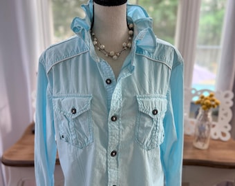 Repurposed Men’s Blue Buckle brand  BKE button down shirt with ruffle size M