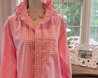 Repurposed Men’s Pink Gingham Shirt with Ruffle Collar – Men's Large