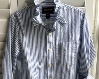 Repurposed Ezra Fitch  blue and white men’s button down shirt with ruffle collar Large