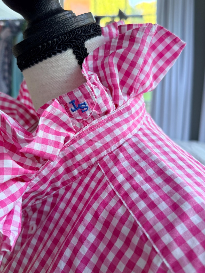 May include: A pink and white gingham shirt with a ruffled collar and sleeves. The shirt has a blue embroidered monogram on the collar. The shirt is displayed on a mannequin.