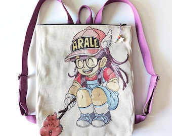 Mochila loneta Arale, bolsos personalizados, accesorios alternativos, mochila Arale, complementos originales anime manga "Dr Slump" "Arale"
