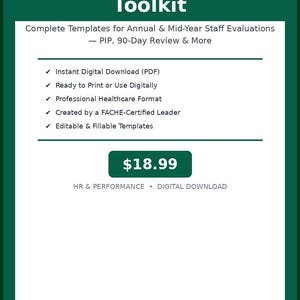 Könnte beinhalten: Ein digitales Produkt mit dem Titel "Healthcare Performance Review Toolkit" mit dunkelgrünem Hintergrund. Das Toolkit enthält Vorlagen für Mitarbeiterbewertungen, PIP und 90-Tage-Überprüfungen. Es ist ein digitaler Download, der zum Drucken oder zur Verwendung bereit ist und von einem FACHE-zertifizierten Leiter erstellt wurde.