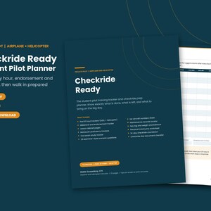 May include: A dark teal digital student pilot planner titled Checkride Ready. The document includes sections for tracking flight hours, endorsements, maneuvers, and examiner-style scenario questions. It features a list of contents, a 14-day countdown, and maintenance record sheets in a 20-page fillable PDF format.