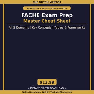 May include: A digital product advertisement with a navy blue background and gold accents. The text reads "FACHE Exam Prep Master Cheat Sheet" with details about the content. The price is displayed as $12.99, with a call to action for an instant digital download.