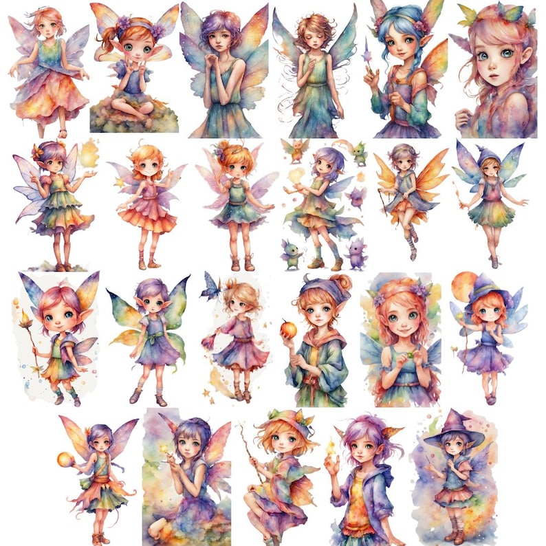 Whimsical Pixie Watercolor Clip Art Colorful Fairy Magic Digital ...