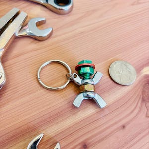 Handmade Nut and Bolt Figure Keychain: Mechanic Engineer Gift- Green Bolt