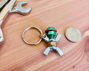 Handmade Nut and Bolt Figure Keychain: Mechanic Engineer Gift- Green Bolt