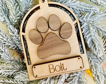 Personalized Pet Christmas Ornament: Walnut Paw Print, Custom Name