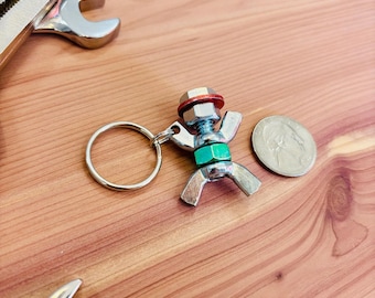 Handmade Nut and Bolt Figure Keychain: Mechanic Gift- Silver Bolt