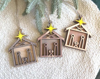 Handmade 3D Wooden Nativity Ornament: Walnut, Cedar, Birch