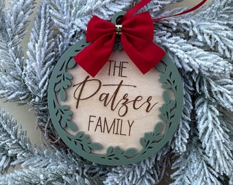 Personalized Family Name Wreath Ornament: Laser Engraved Wood Christmas Decor