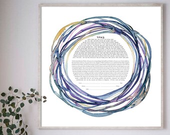 Ketubah Art || NESTLED BLUE || Jewish marriage certificate || commitment ceremony || wedding vows || paper anniversary || ketubah modern