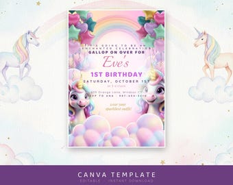 Plantilla editable de Canva para invitación de cumpleaños de unicornio / Invitación de primer cumpleaños de niña arcoíris / Descarga digital instantánea imprimible en tamaño A5