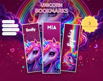 Marcapáginas de unicornio (plantilla editable de Canva) / 3 marcapáginas personalizados de arcoíris neón / Regalo imprimible para la clase / Descarga instantánea