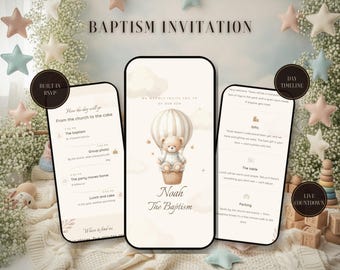 Baptism Invitation Website | Interactive Christening Invite with RSVP, Countdown | Teddy Bear & Clouds