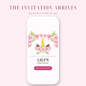 Invitación de cumpleaños de unicornio interactiva / Invitación digital personalizada con confirmación de asistencia y cuenta regresiva / Tema de unicornio floral rosa imagen 2