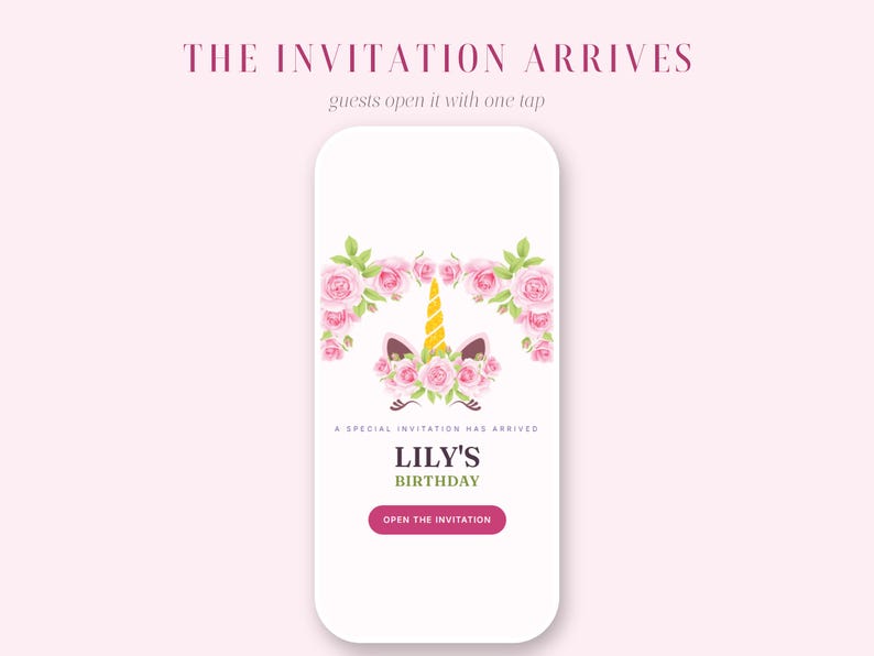 Invitación de cumpleaños de unicornio interactiva / Invitación digital personalizada con confirmación de asistencia y cuenta regresiva / Tema de unicornio floral rosa imagen 2