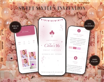 Sweet Sixteen Invitation Website | Interactive 16th Birthday Invite with RSVP, Countdown | Pink Photo Party