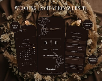 Site interativo para convites de casamento | Convite digital personalizado com confirmação de presença, contagem regressiva e galeria de fotos | Estilo botânico elegante em tons escuros