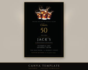 50th Birthday Invitation Editable Canva Template | Whisky Black and Gold Party Invite for Him | Printable 5x7 Instant Download