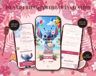 Pink Tropical Birthday Invitation Website | Animated Video Invite with RSVP, Countdown | Island Party Link for Girls