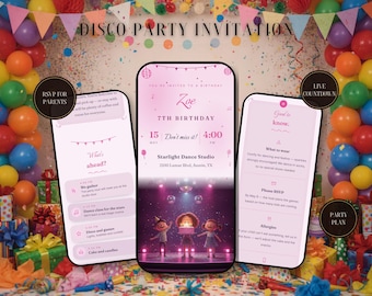 Disco Kids Birthday Invitation Website | Interactive Party Invite with RSVP, Countdown | Dance Party, Lights & Confetti