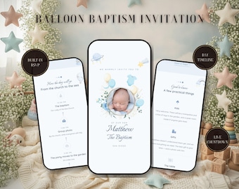 Balloon Baptism Invitation Website | Interactive Christening Invite with RSVP, Countdown | Hot Air Balloon & Clouds