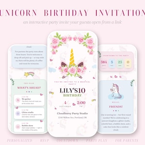 Invitación de cumpleaños de unicornio interactiva / Invitación digital personalizada con confirmación de asistencia y cuenta regresiva / Tema de unicornio floral rosa imagen 1